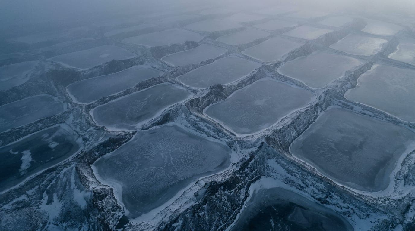 Kühle Alpenlandschaft in Blaustunden-Tönen: eine Hochebene mit nahezu rasterartig verteilten zugefrorenen Bergseen aus großer Höhe.