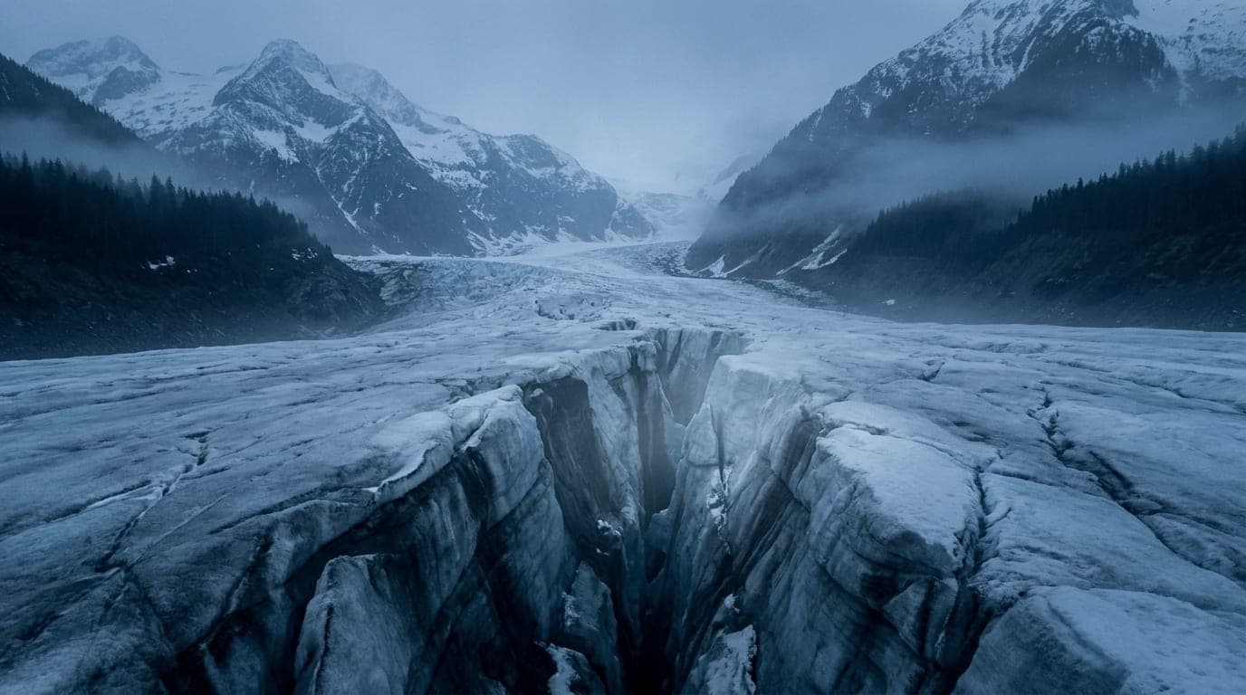 Kühle Alpenlandschaft in Blaustunden-Tönen: eine tiefe Gletscherspalte, die als markanter Bruch das blaue Eis durchzieht.