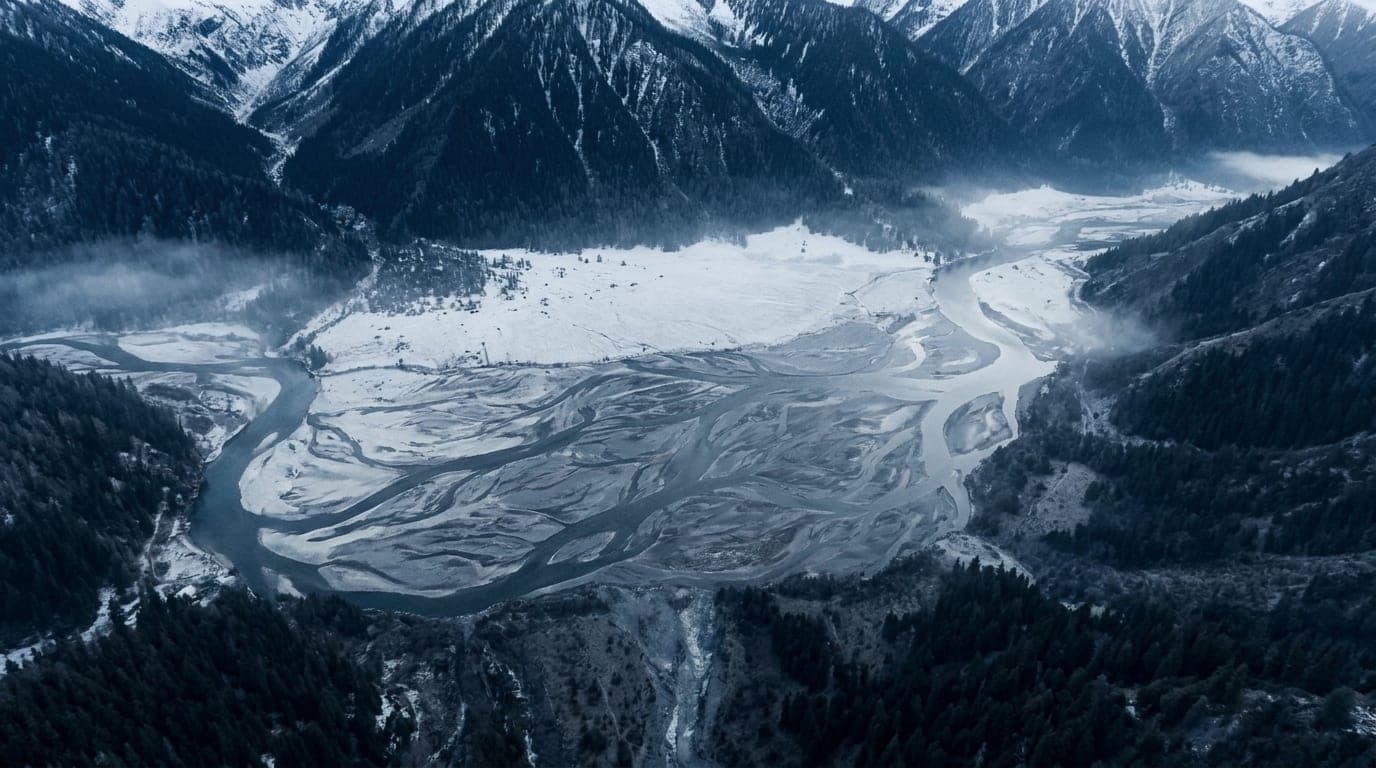 Kühle Alpenlandschaft in Blaustunden-Tönen: ein Talkessel aus der Vogelperspektive, kartenartig und ruhig.