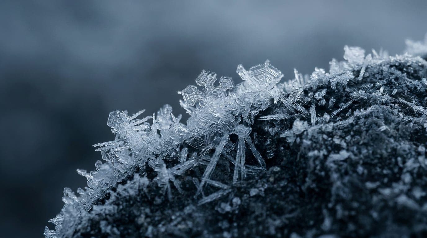 Kühle Alpenlandschaft in Blaustunden-Tönen: Makroaufnahme feiner Frostkristalle an einer dunklen Felskante.