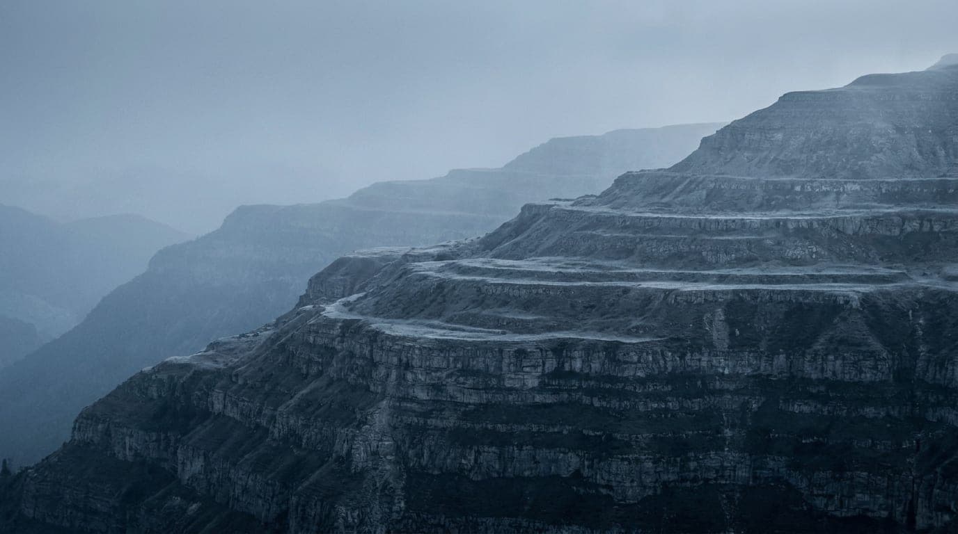 Kühle Alpenlandschaft in Blaustunden-Tönen: eine terrassierte Bergflanke mit klaren horizontalen Gesteinsschichten.
