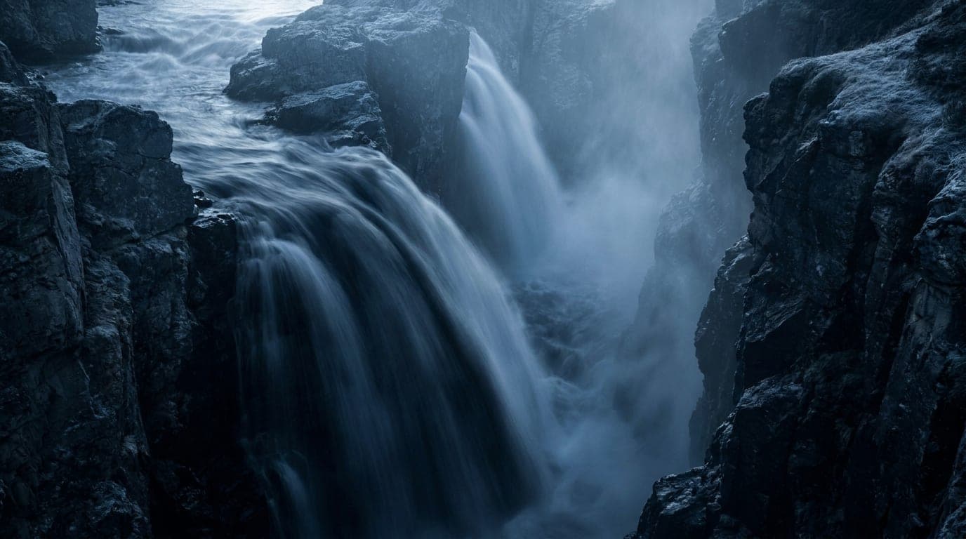 Kühle Alpenlandschaft in Blaustunden-Tönen: ein schneller dunkler Wasserfall, der durch eine enge Felsschlucht stürzt.