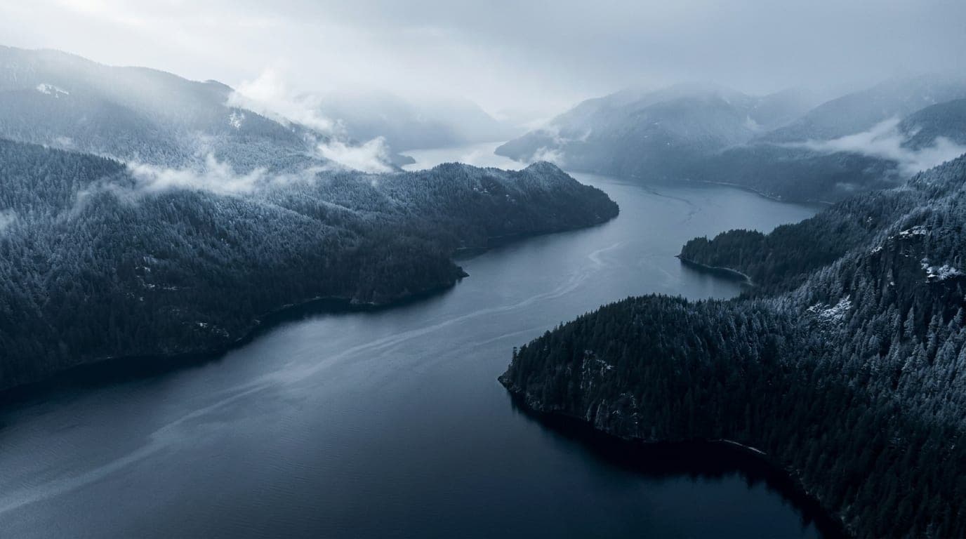 Kühle Alpenlandschaft in Blaustunden-Tönen: ein labyrinthisches Geflecht aus Fjordkanälen zwischen dunklen Landzungen.