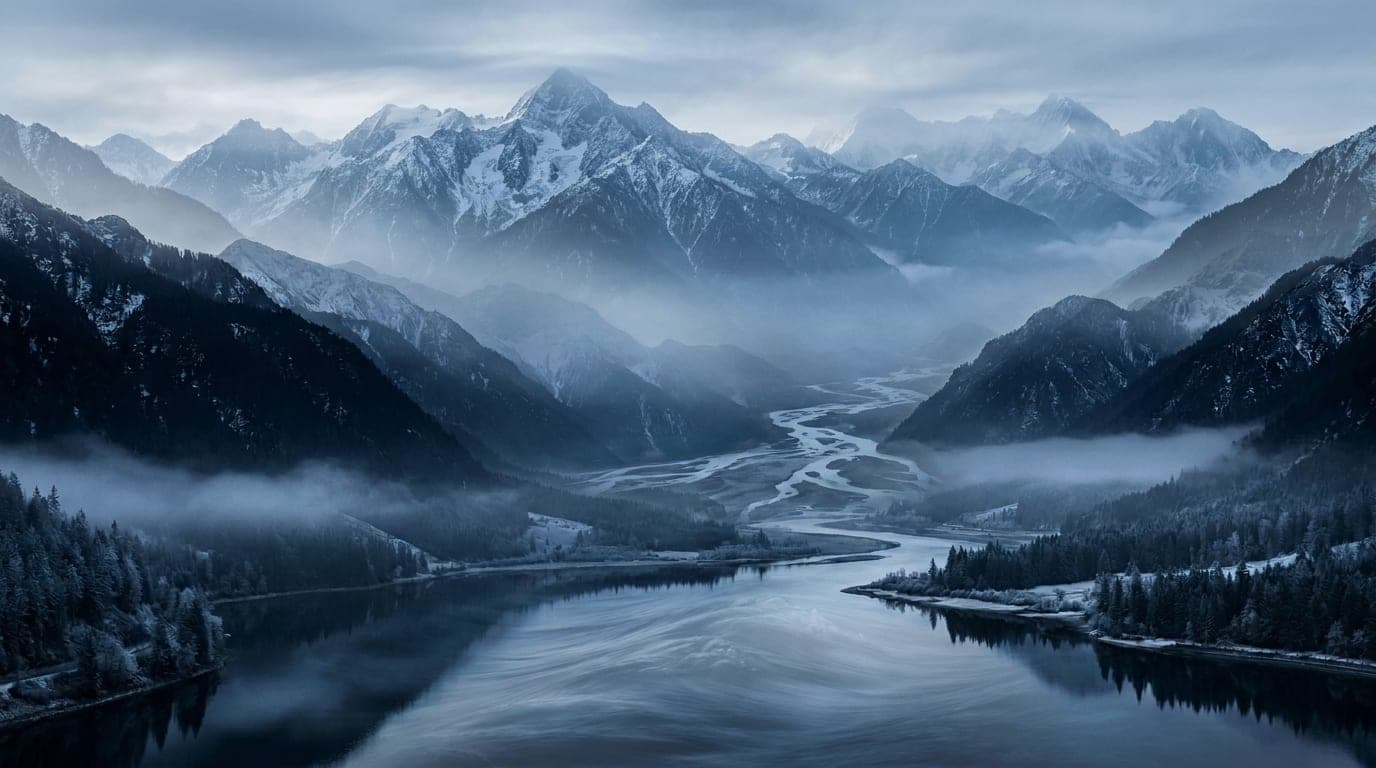 Kühle Alpenlandschaft in Blaustunden-Tönen: ein weites Panorama einer ganzen Bergkette zur blauen Stunde.