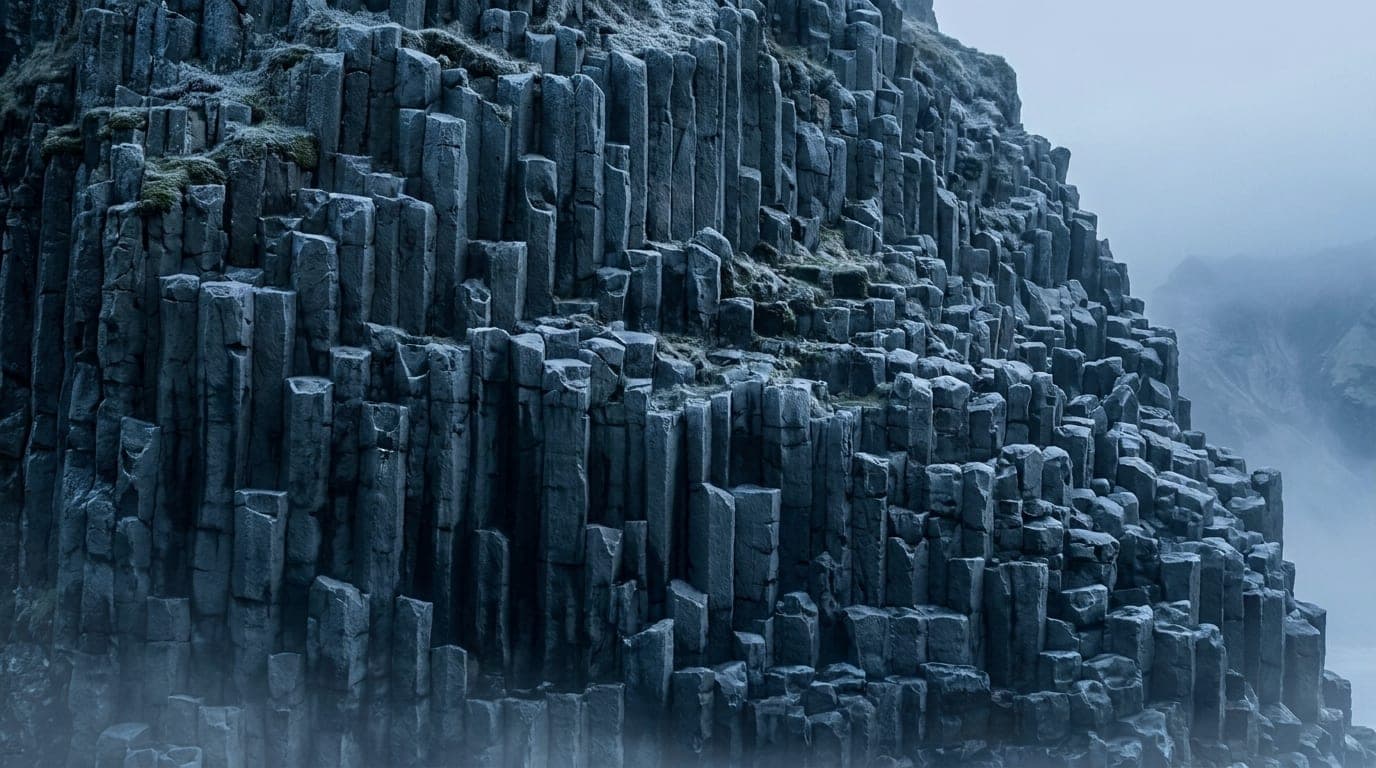 Kühle Alpenlandschaft in Blaustunden-Tönen: eine Basaltformation mit gleichmäßigen sechseckigen Säulen.