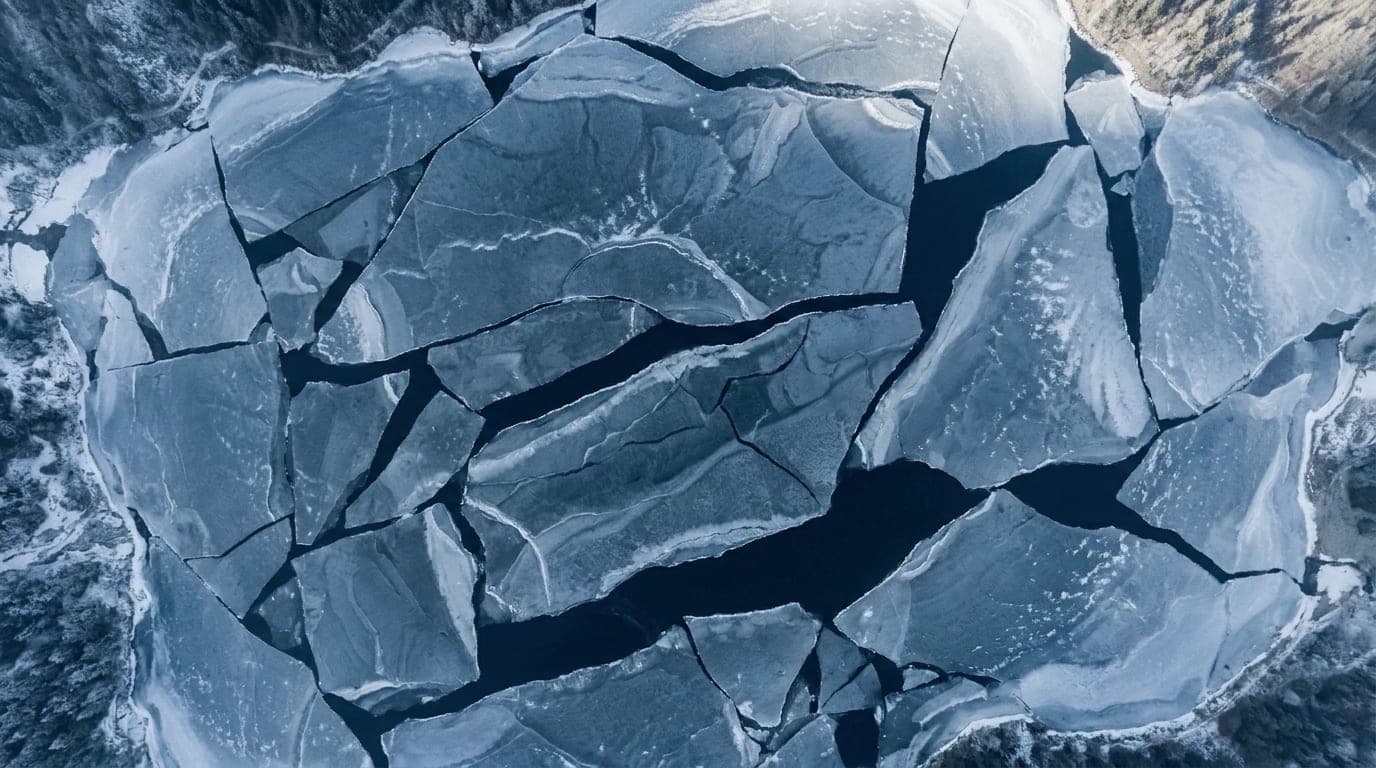Kühle Alpenlandschaft in Blaustunden-Tönen: ein Luftbild rechteckiger Eisschollen in rasterartiger Anordnung.