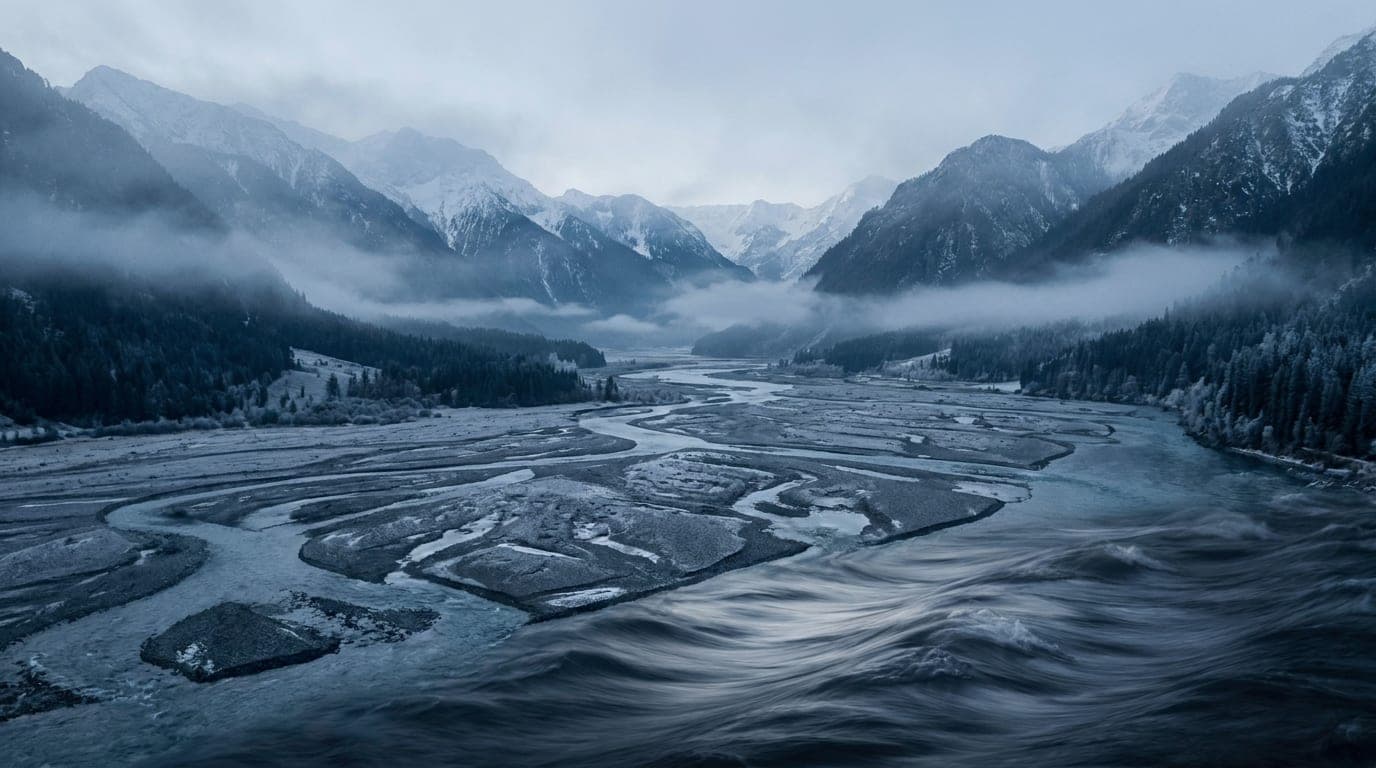 Kühle Alpenlandschaft in Blaustunden-Tönen: ein weites, sich öffnendes Tal im tiefen Blau der Morgendämmerung.