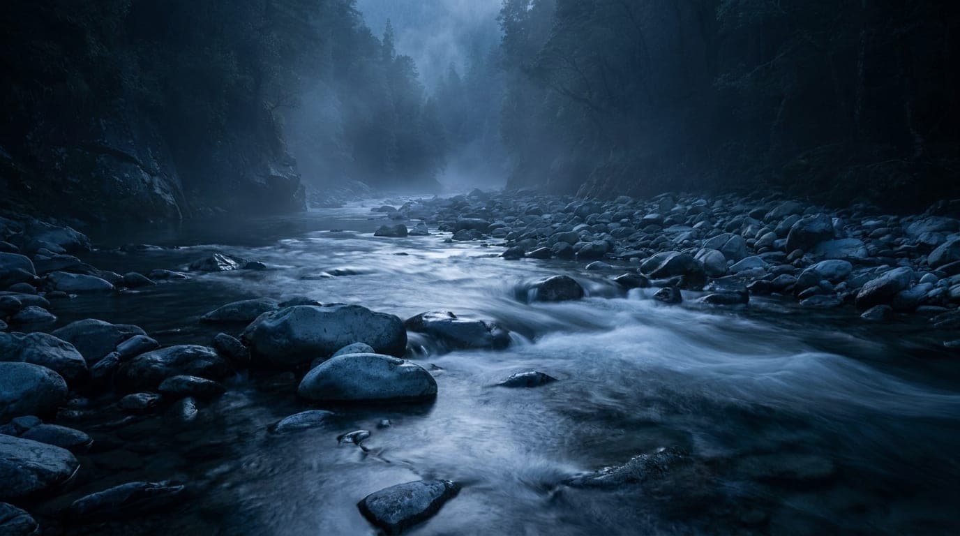Kühle Alpenlandschaft in Blaustunden-Tönen: ein seidig fließender dunkler Gebirgsfluss über runde Steine in einer schattigen Schlucht.