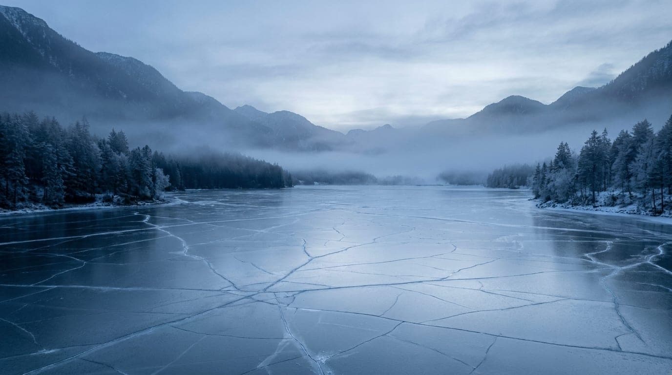 Kühle Alpenlandschaft in Blaustunden-Tönen: ein weiter zugefrorener Bergsee mit feinen geometrischen Rissmustern im blassen Eis.